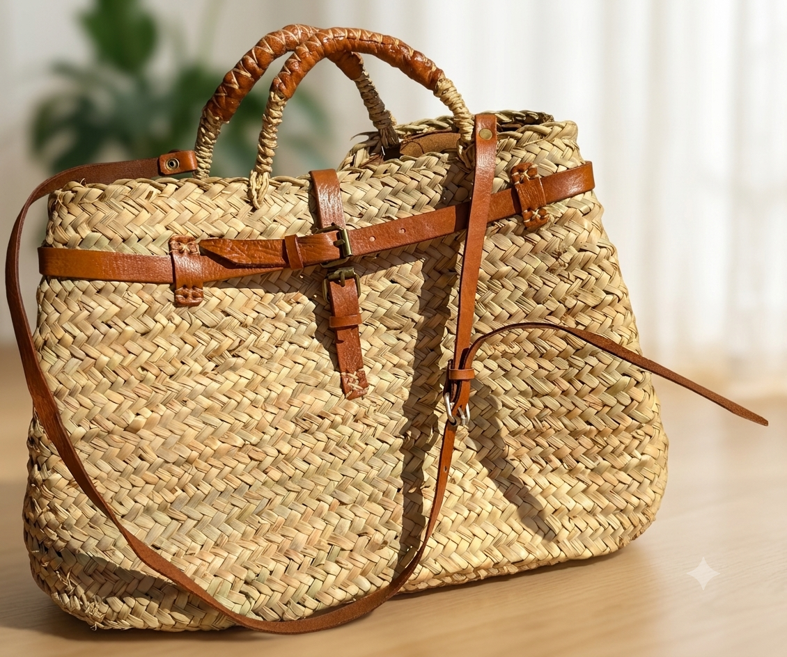 sac boîte paille et cuir femme style vintage