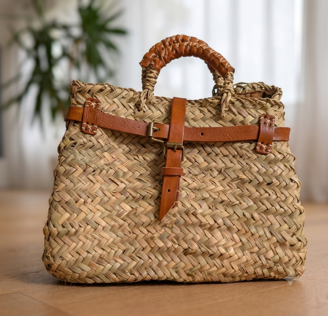 sac boîte paille tressée main cuir artisanat marocain